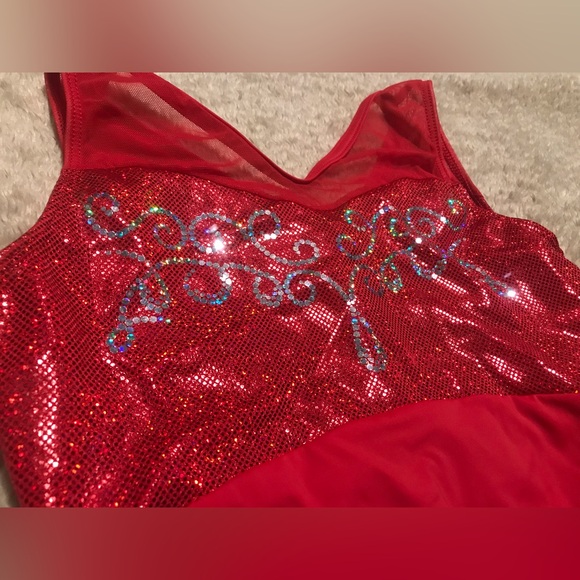 GK Elite Laurie Hernandez Edition Girls Gymnastics Leotard Red Shimmer Mesh - Picture 3 of 9